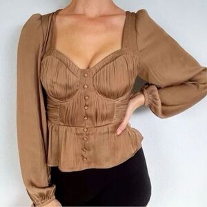 Joie Caramel Satin Peplum Corset Blouse w Long Blouson Sleeve, Size L